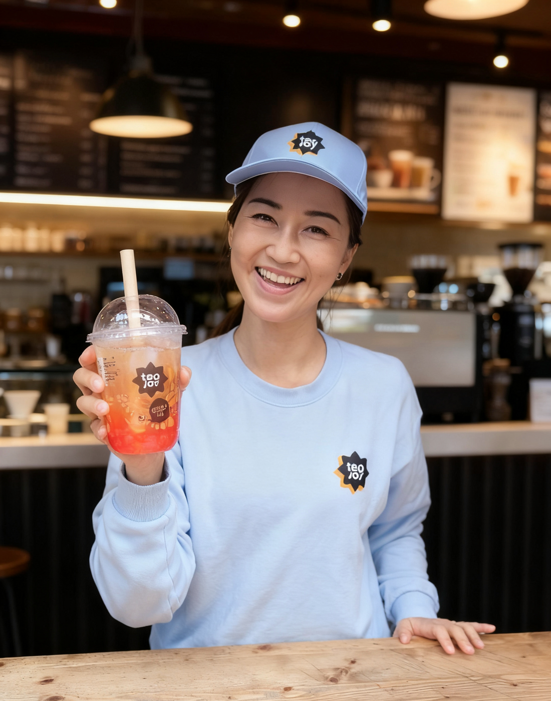 Quick-service restaurant team member preparing bubble tea using a standardised no-equipment kit, showing simple and consistent prep for QSR operations.