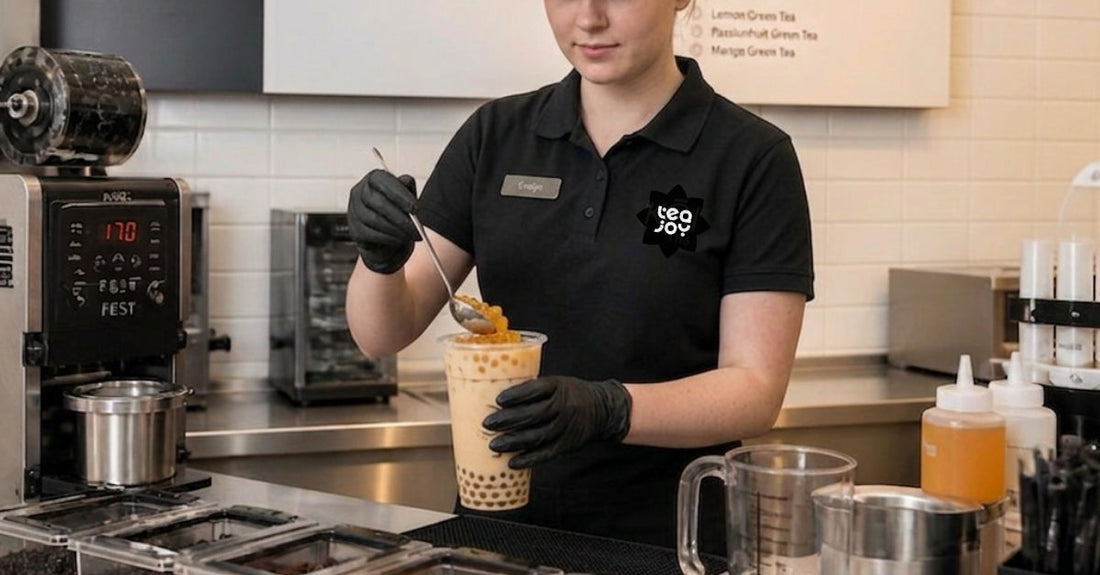 QSR chain team member preparing bubble tea with a standardised no‑equipment kit for consistent service