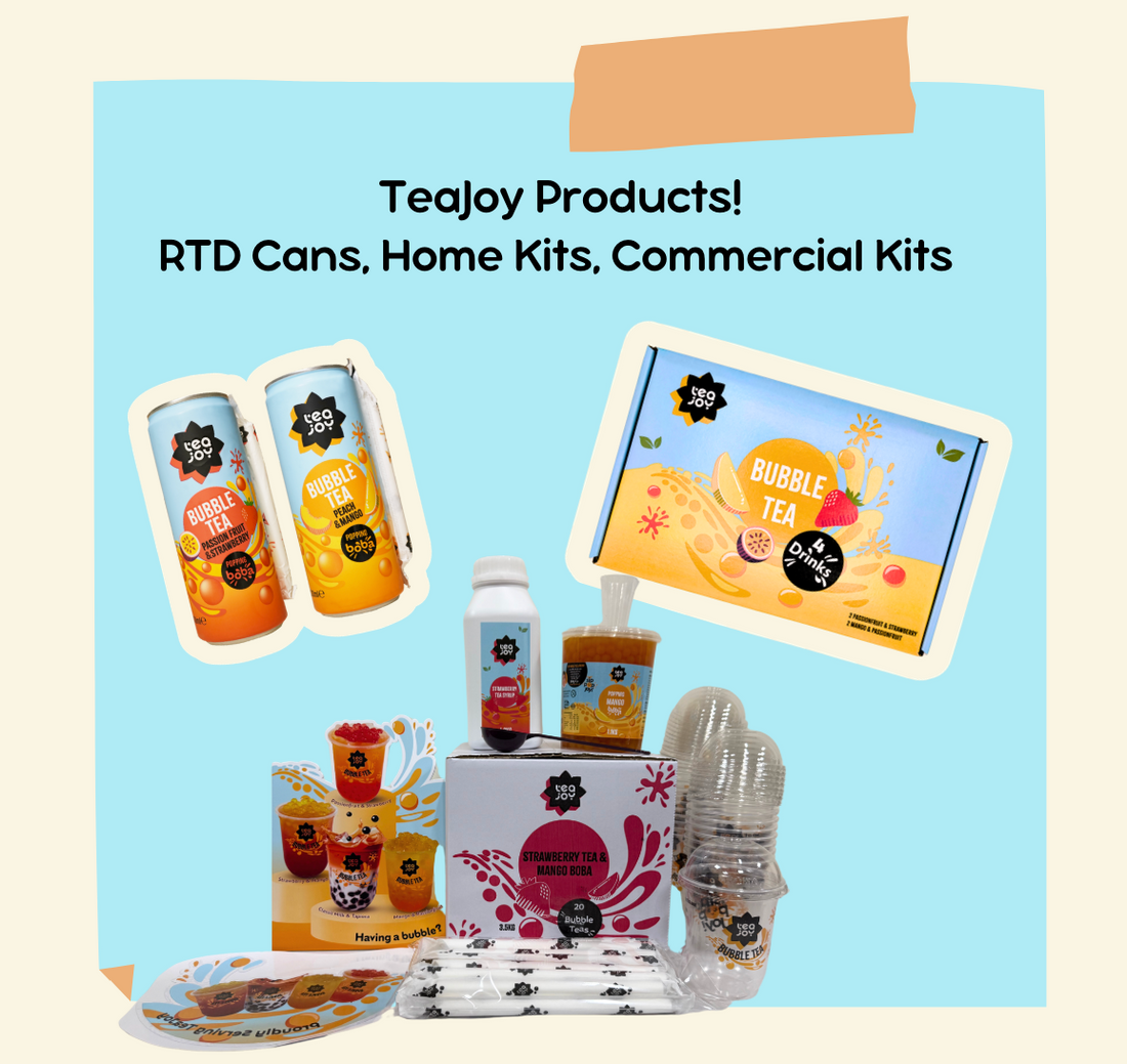 a lineup of TeaJoy products – commercial kits, matcha kit, RTD cans
