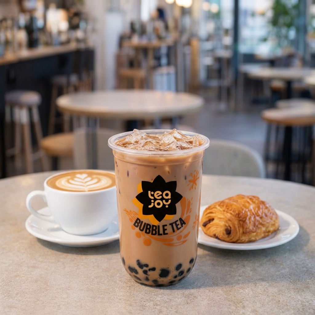 Bubble tea in a small café setting, sitting on a wooden counter next to a coffee cup and pastry, showcasing an easy add-on drink for independent coffee shops.