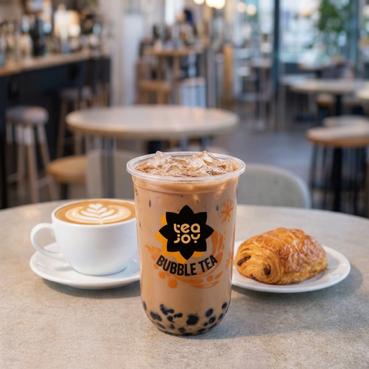 Bubble tea in a small café setting, sitting on a wooden counter next to a coffee cup and pastry, showcasing an easy add-on drink for independent coffee shops.