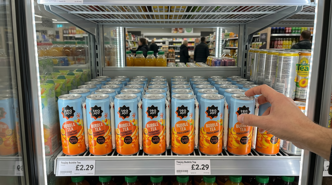 TeaJoy canned bubble tea in a UK retail chilled display, ready for grab-and-go sales