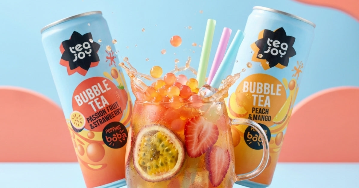 TeaJoy RTD bubble tea cans in Peach & Mango and Passionfruit & Strawberry