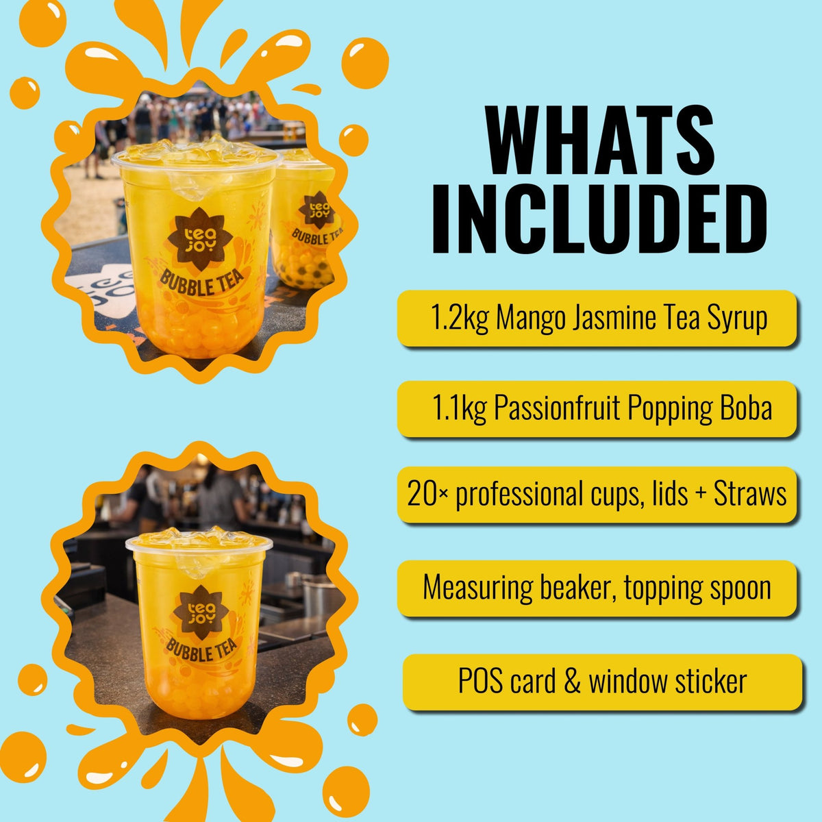 TeaJoy Mango & Passionfruit & Commercial Kit – what's included: syrup, popping boba, cups, and POS materials