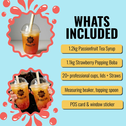 TeaJoy Passionfruit & Strawberry Commercial Kit – what's included: syrup, popping boba, cups, and POS materials