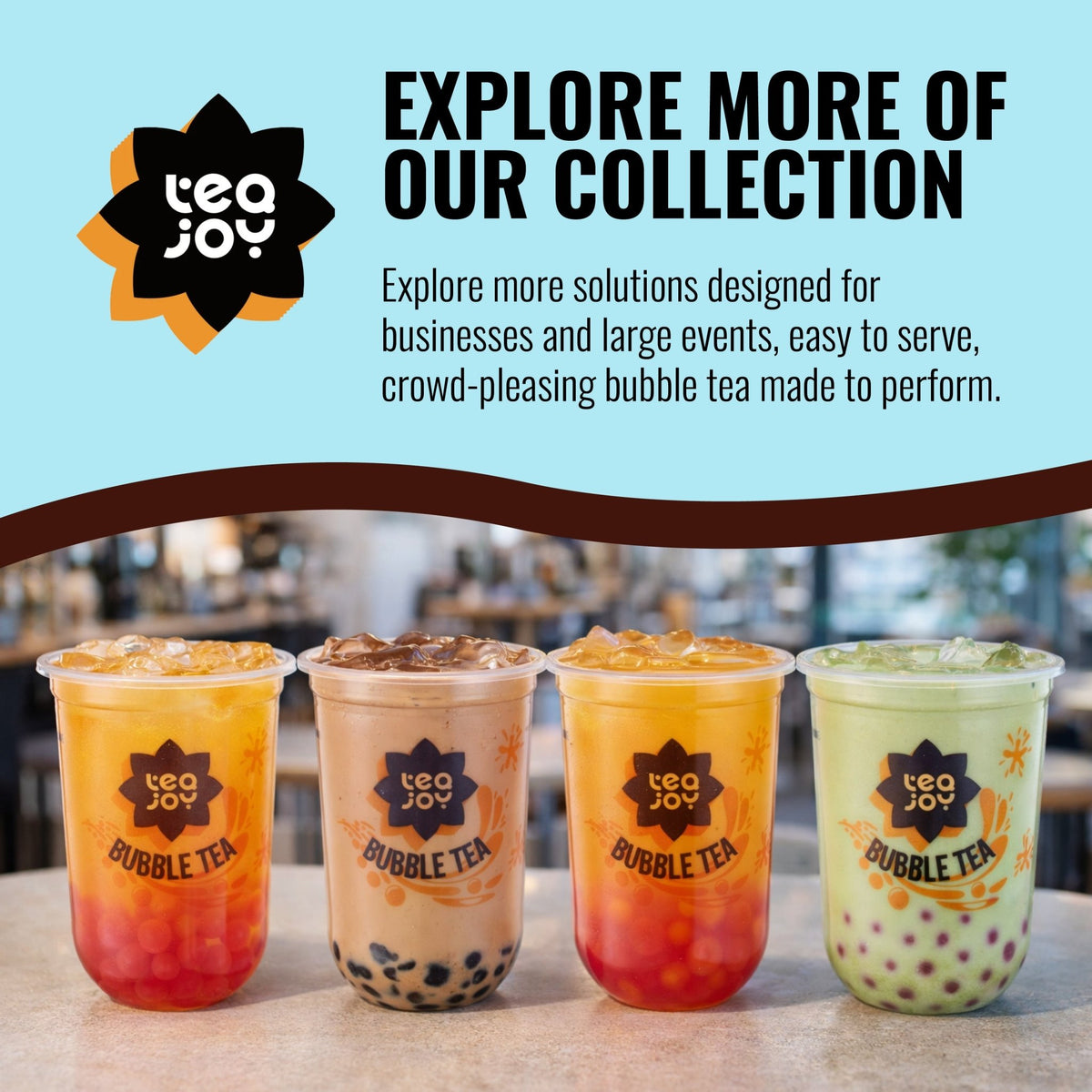 Four TeaJoy bubble tea cups in a row – fruit tea and milk tea flavours for commercial use
