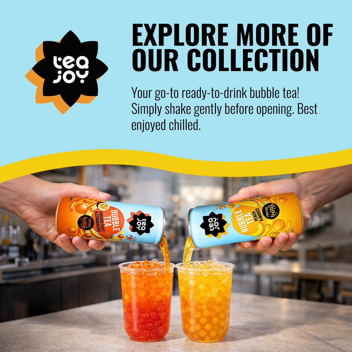 TeaJoyTwo Hands Pouring TeaJoy Bubble Tea Flavour Passionfruit & Strawberry and Peach & Mango 