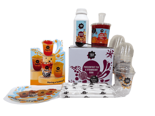 TeaJoy Passionfruit & Strawberry commercial bubble tea kit contents
