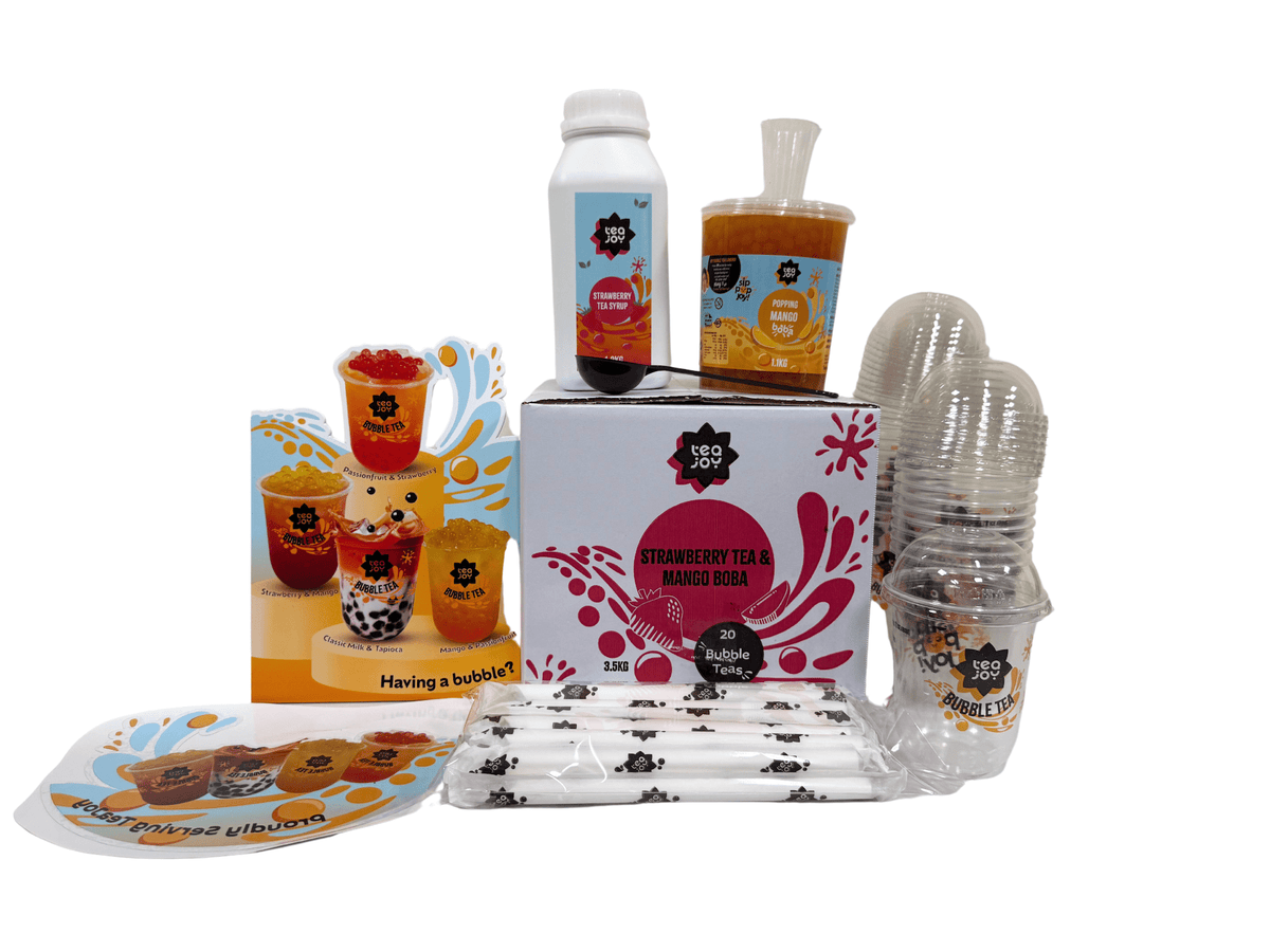 TeaJoy Strawberry & Mango commercial bubble tea kit contents