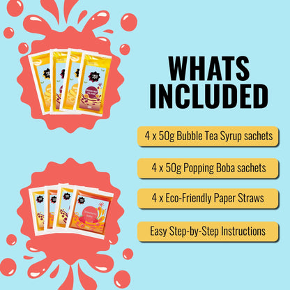 TeaJoy Fruit Bubble Tea Home Kit – what's included: sachets and popping boba