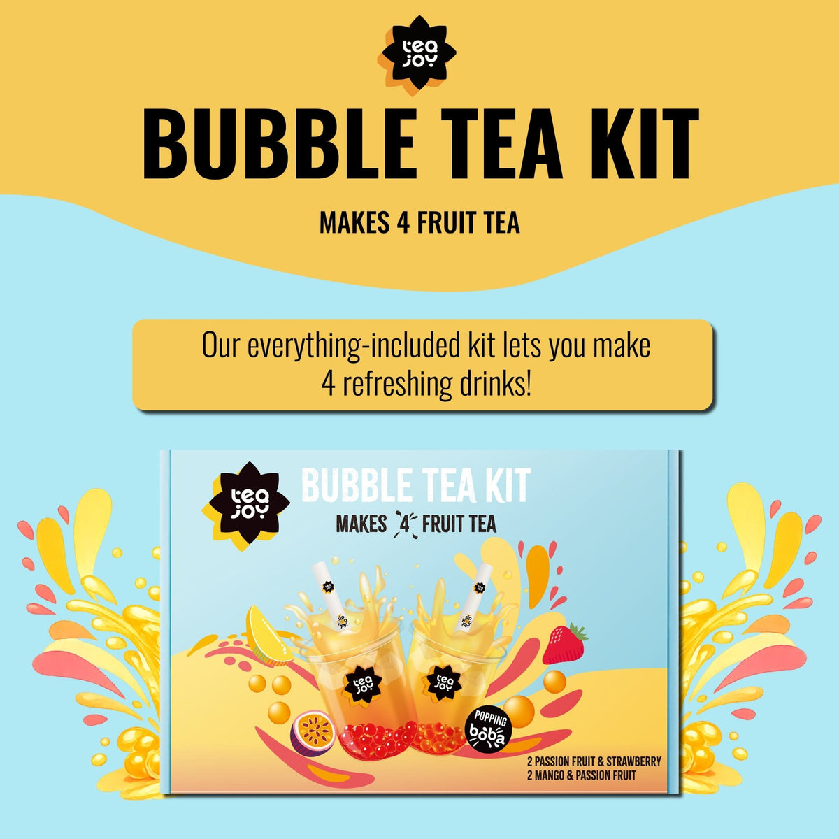 TeaJoy Fruit Bubble Tea Kit box with popping boba makes 4 drinks