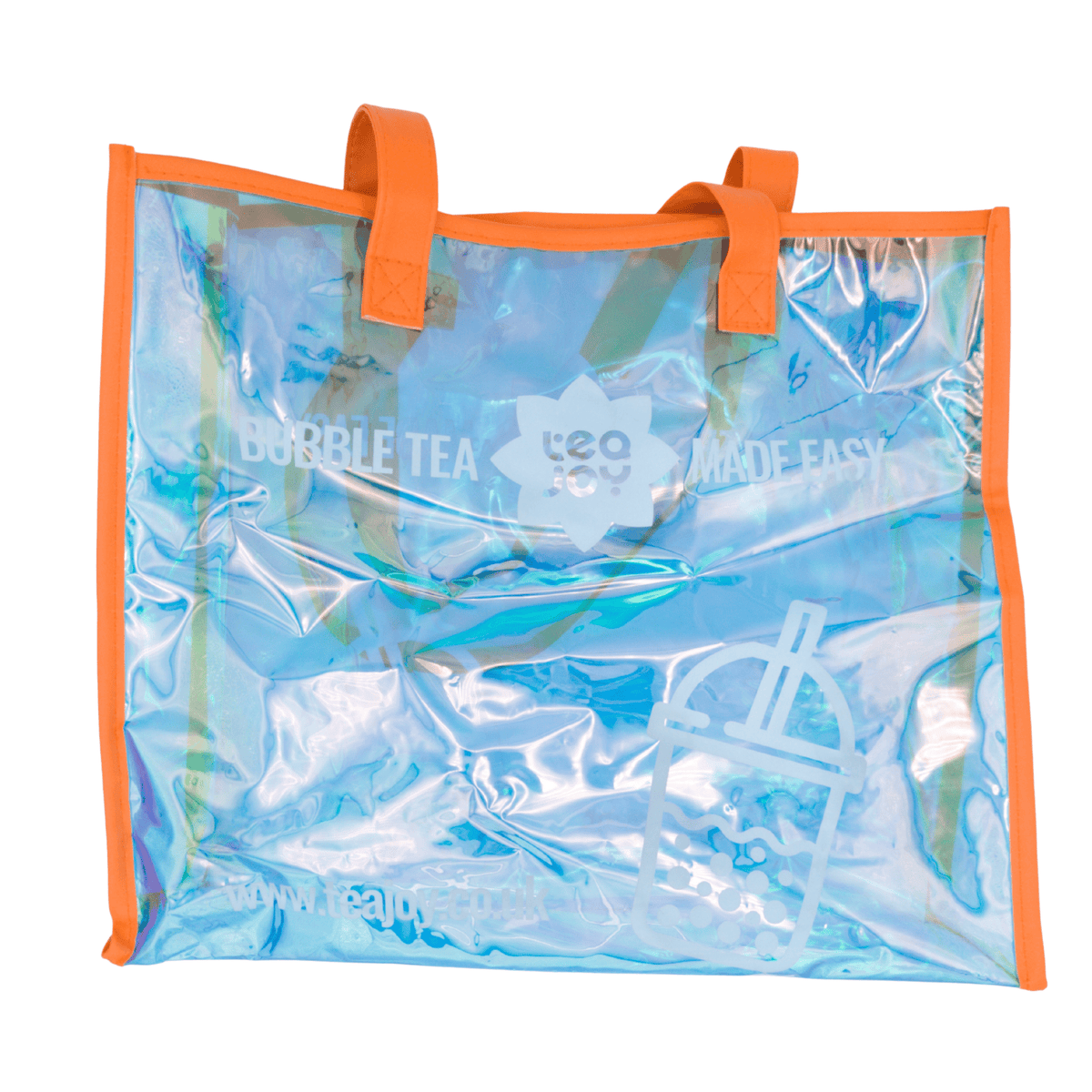 TeaJoy Tote Bag – clear holographic tote with orange handles
