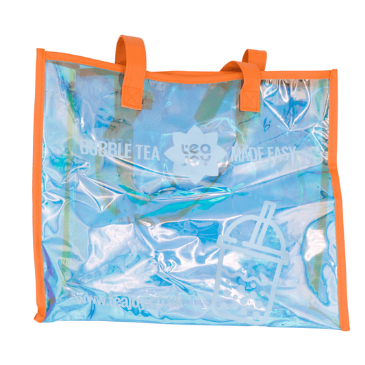 TeaJoy Tote Bag – clear holographic tote with orange handles