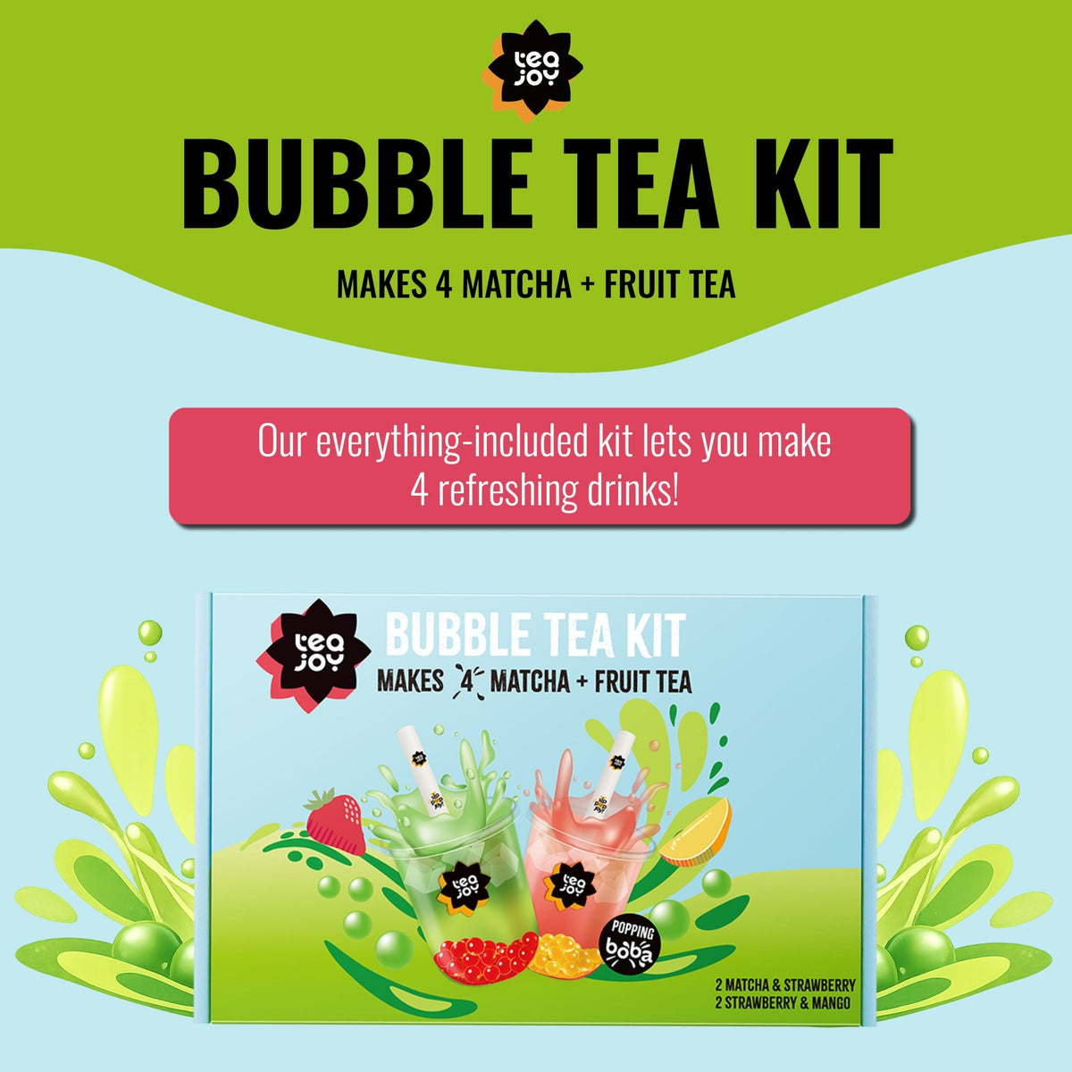 TeaJoy Matcha Bubble Tea Kit box with popping boba