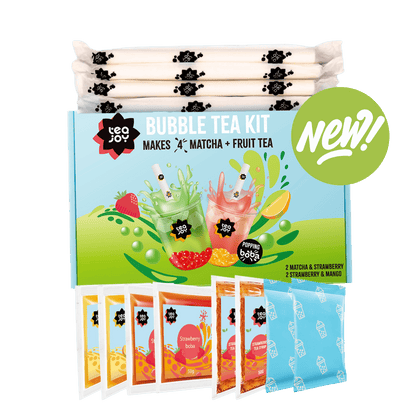 TeaJoy Matcha Home Kit packaging with matcha and fruit tea flavours on clear background