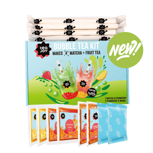 TeaJoy Matcha Home Kit packaging with matcha and fruit tea flavours on clear background