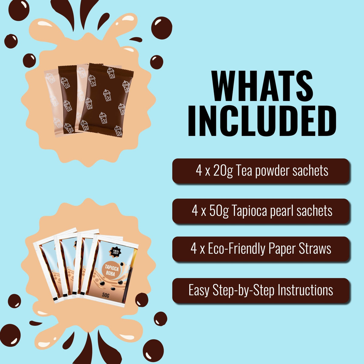 TeaJoy Classic Milk Tea Home Kit – what's included: sachets and tapioca boba