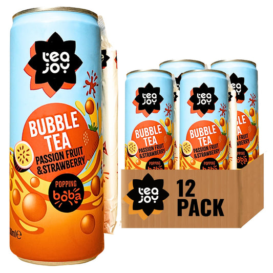 TeaJoy Passionfruit & Strawberry RTD Bubble Tea Can 12 Pack on White Background