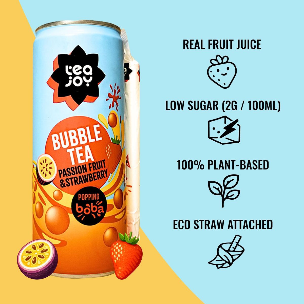 TeaJoy Passionfruit & Strawberry RTD Bubble Tea Can with Benefits