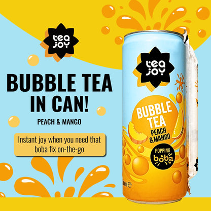 TeaJoy Peach & Mango RTD Bubble Tea Can on a Blue and Yellow Background