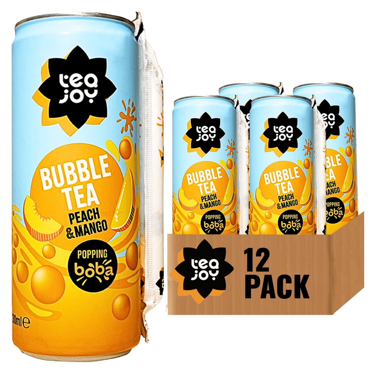 TeaJoy Peach & Mango RTD Bubble Tea Can 12 Pack on White Background