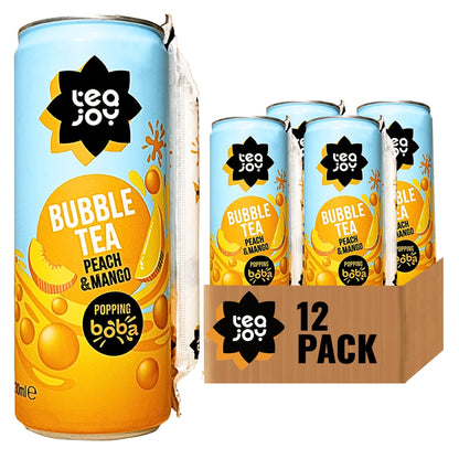 TeaJoy Peach & Mango RTD Bubble Tea Can 12 Pack on White Background
