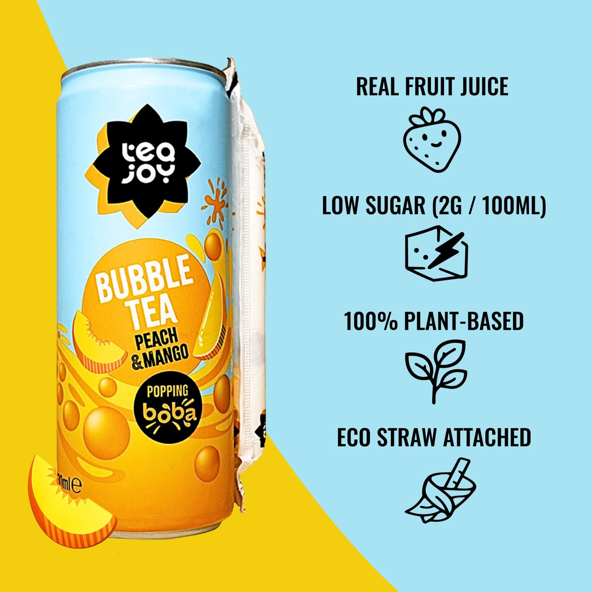 TeaJoy Peach & Mango RTD Bubble Tea Can with Benefits