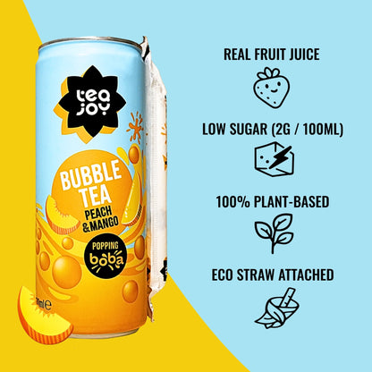 TeaJoy Peach & Mango RTD Bubble Tea Can with Benefits