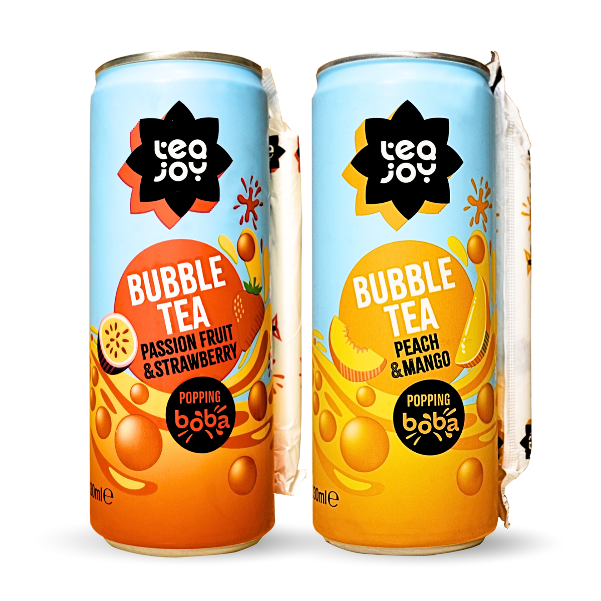TeaJoy ready-to-drink bubble tea cans – Peach & Mango and Passionfruit & Strawberry on clear background